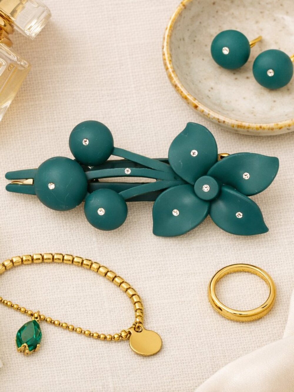 Teal Floral Barrette Hair Clip Rhinestone Statement Accessory